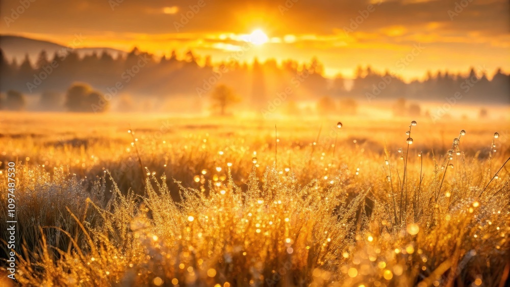 Golden Sunrise Dewdrops on Grass Blades in a Misty Meadow