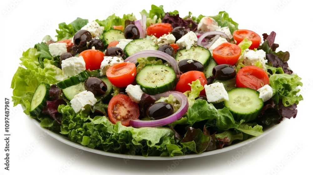 A perfectly assembled Greek salad with mixed greens, tomatoes, cucumber A perfectly assembled Greek salad with mixed greens, tomatoes, cucumber
