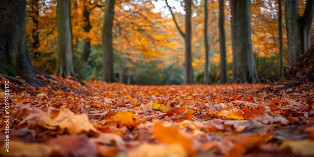 A tranquil autumn scene featuring a path covered in vibrant orange and yellow leaves. The trees in the background create a feeling of peace and beauty in nature. Perfect for seasonal themes. AI A tranquil autumn scene featuring a path covered in vibrant orange and yellow leaves. The trees in the background create a feeling of peace and beauty in nature. Perfect for seasonal themes. AI