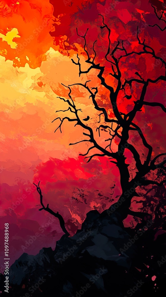 Fiery Sunset Landscape: Silhouette of a Tree on a Hilltop Fiery Sunset Landscape: Silhouette of a Tree on a Hilltop
