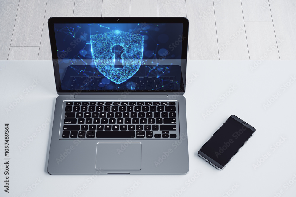 Laptop with a shield lock icon on the screen placed on a white desk next to a smartphone. Symbol of cybersecurity and data protection. 3D Rendering Laptop with a shield lock icon on the screen placed on a white desk next to a smartphone. Symbol of cybersecurity and data protection. 3D Rendering