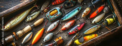 A vintage fishing-themed box full of colorful lures, capturing the essence of outdoor adventure and joy in an artistic composition. photo