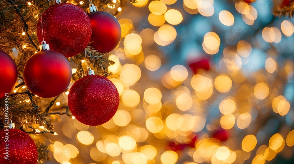Close-up of red Christmas ornaments on a tree with bokeh lights in the background. The image is in focus, high resolution, high quality, and high detail. Close-up of red Christmas ornaments on a tree with bokeh lights in the background. The image is in focus, high resolution, high quality, and high detail.
