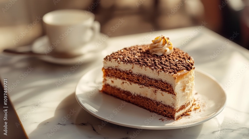Coffee Cake on a White Plate Garnished With Fresh Berries and Powdered Sugar in Soft Lighting Creating a Cozy and Elegant Dessert Scene Coffee Cake on a White Plate Garnished With Fresh Berries and Powdered Sugar in Soft Lighting Creating a Cozy and Elegant Dessert Scene