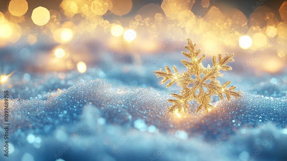 Realistic Snowdrift With Acrylic Decorations and Warm Golden Bokeh Lights Creating a Magical Winter Scene Realistic Snowdrift With Acrylic Decorations and Warm Golden Bokeh Lights Creating a Magical Winter Scene