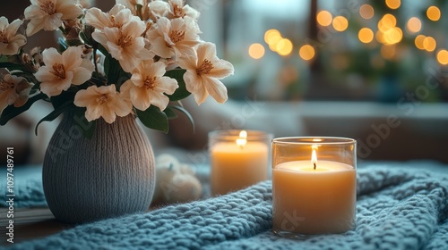 Cozy candles and flowers in...