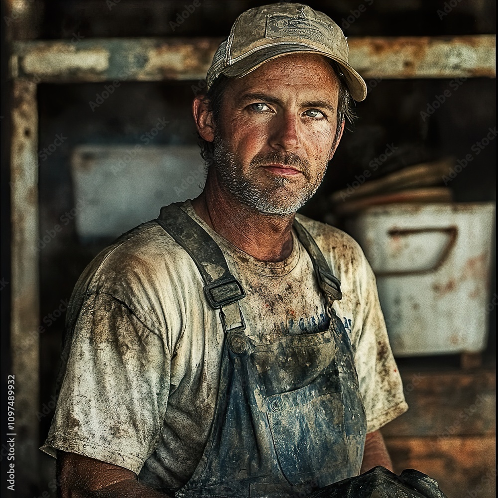 Obraz premium Portrait of a Weathered Farmer: A Study in Hard Work and Resilience