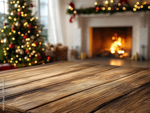 Rustic wooden table with blurred Christmas lights and a festive tree in the background, creating a warm and cozy holiday ambiance in a home setting.
