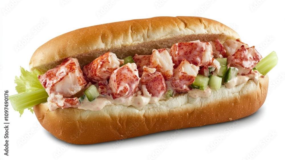A perfectly assembled lobster roll with succulent chunks of lobster meat, mixed with mayonnaise, lemon juice A perfectly assembled lobster roll with succulent chunks of lobster meat, mixed with mayonnaise, lemon juice
