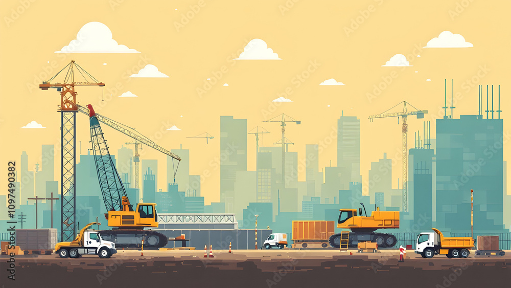 A vibrant illustration depicts a bustling urban construction site with multiple cranes, excavators, trucks, and a developing city skyline under a sunny sky.