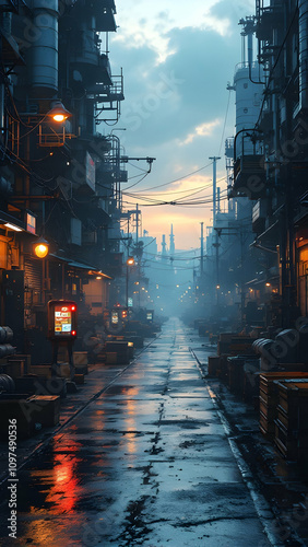 A narrow, rainslicked cyberpunk alleyway at sunset. Industrial buildings loom, dimly lit with orange streetlights. Boxes and barrels line the street. photo