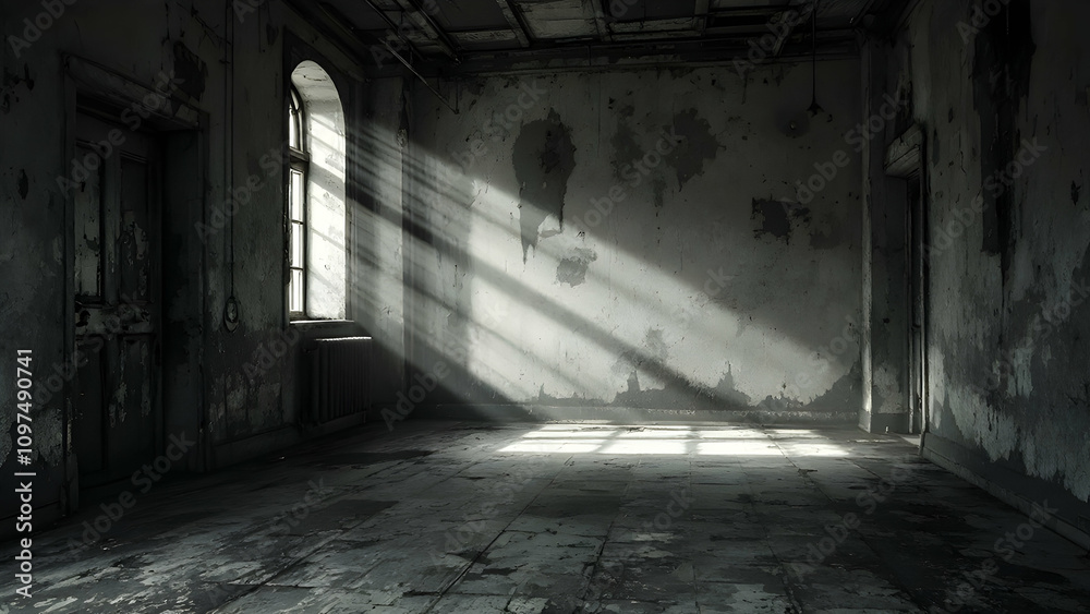 Sunlit rays penetrate a derelict room with peeling paint, damaged walls, and a worn floor. A decaying door and window add to the desolate atmosphere. The scene is dark and moody. Sunlit rays penetrate a derelict room with peeling paint, damaged walls, and a worn floor. A decaying door and window add to the desolate atmosphere. The scene is dark and moody.