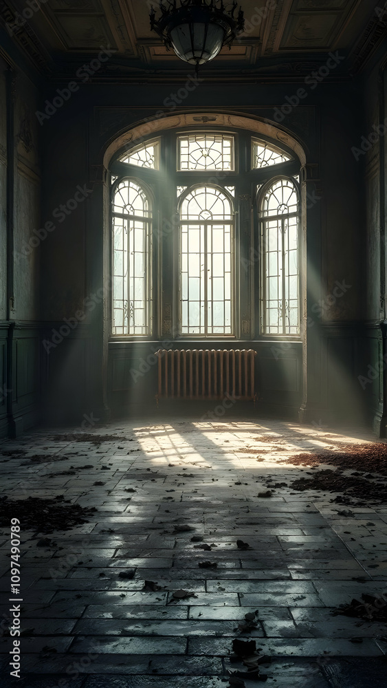 Sunbeams illuminate a decaying mansions interior. A large arched window, old radiator, and dilapidated floor with debris are seen. Dark, moody atmosphere. Sunbeams illuminate a decaying mansions interior. A large arched window, old radiator, and dilapidated floor with debris are seen. Dark, moody atmosphere.