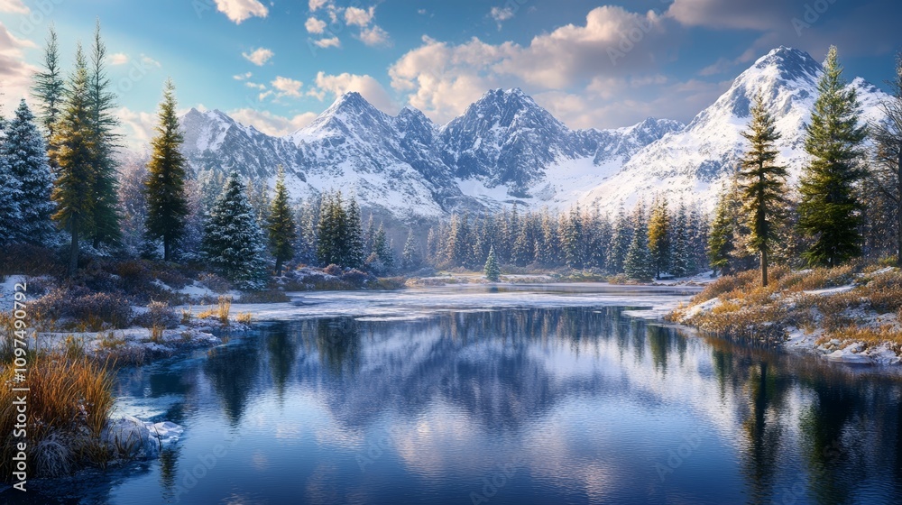 Snowy Mountain Landscape With Evergreen Trees and Golden Light Representing Natural Winter Beauty and Serenity Snowy Mountain Landscape With Evergreen Trees and Golden Light Representing Natural Winter Beauty and Serenity