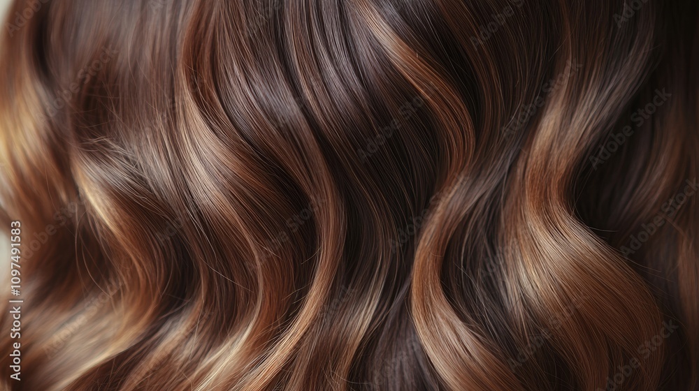 Close-Up of Woman's Wavy Hair With Warm Caramel Highlights Flowing in Natural Soft Waves in Professional Studio Lighting Close-Up of Woman's Wavy Hair With Warm Caramel Highlights Flowing in Natural Soft Waves in Professional Studio Lighting