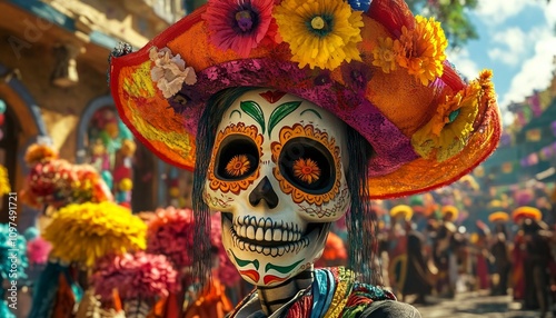 Day of the Dead Parade Photo Featuring Woman with Painted Skull Face