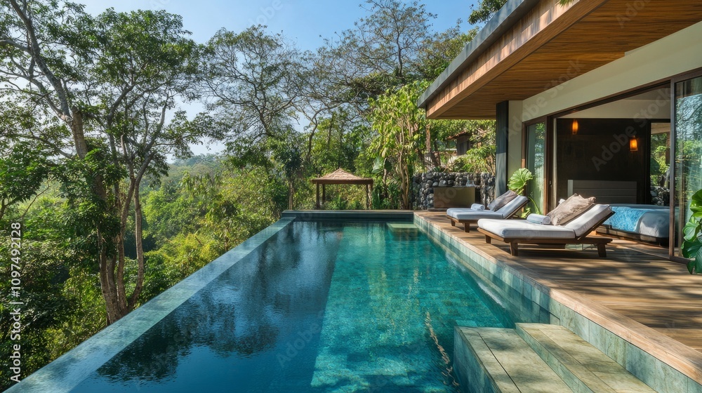 Fototapeta premium A serene villa with an infinity pool overlooking a tranquil forest, blending contemporary design with natural elements