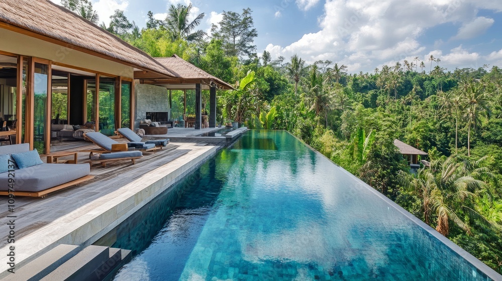 Fototapeta premium A serene villa with an infinity pool overlooking a tranquil forest, blending contemporary design with natural elements