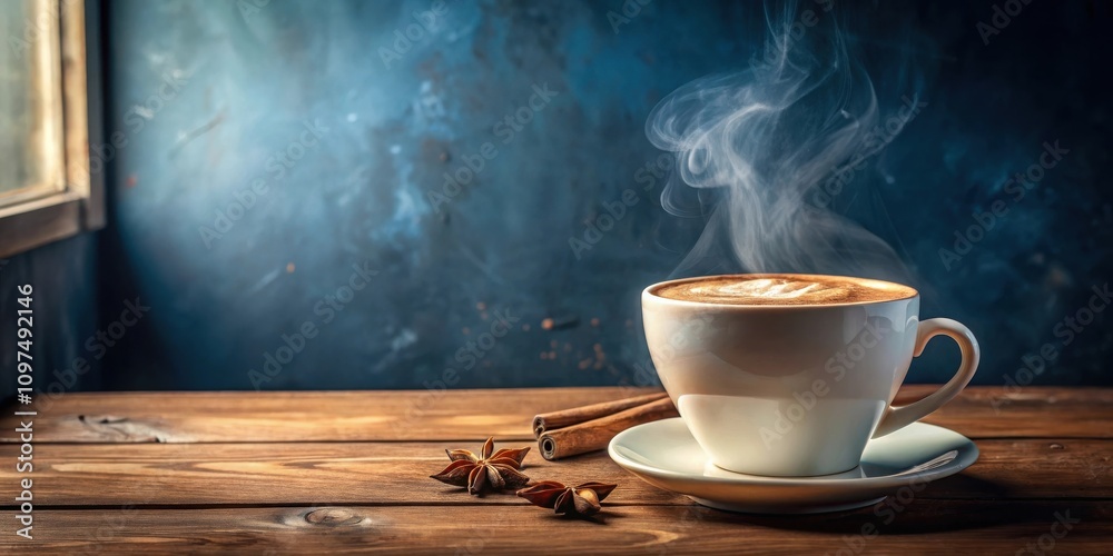 Aromatic Steaming Coffee in White Cup on Rustic Wooden Table with Cinnamon Sticks and Star Anise Aromatic Steaming Coffee in White Cup on Rustic Wooden Table with Cinnamon Sticks and Star Anise