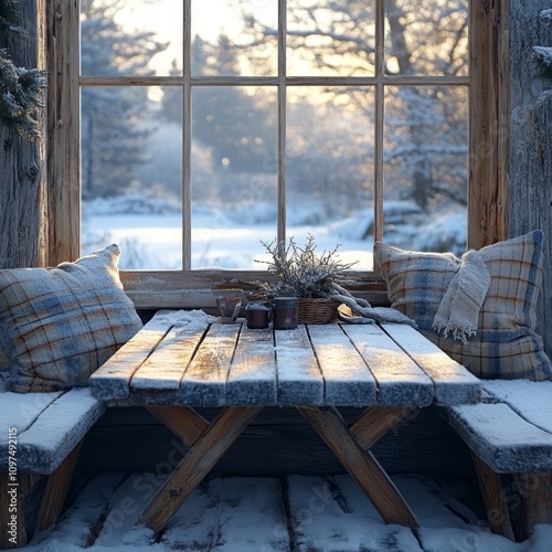 Snowy Winter Cabin Bench Wi...
