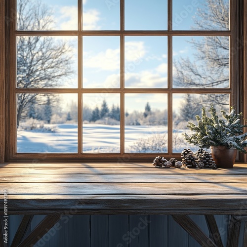 Winter Window View Wooden S...