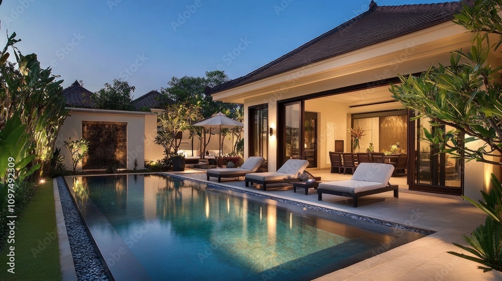Elegant holiday villa with a sleek pool, outdoor lounging chairs, and warm lighting, perfect for a summer evening getaway Elegant holiday villa with a sleek pool, outdoor lounging chairs, and warm lighting, perfect for a summer evening getaway