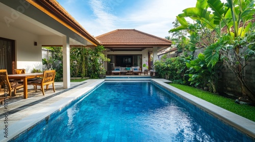 Wallpaper Mural Family-friendly holiday villa with a pristine pool, cozy outdoor dining area, and vibrant greenery in a sunny setting Torontodigital.ca