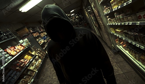 A hooded person in a black hoodie is robbing a store at night, captured in a wide-angle shot. The focus is on the face of the person in the dark hoodie,  photo