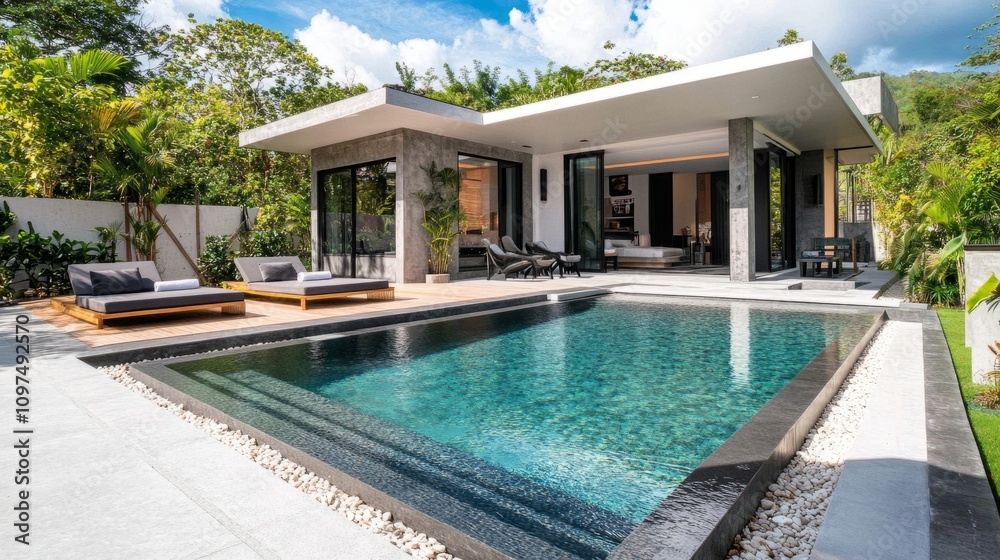Fototapeta premium Modern holiday villa with a pool featuring built-in loungers, surrounded by a mix of concrete and natural wood elements