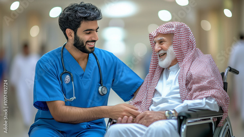young male nurse in blue scrubs cares for elderly man in hospital