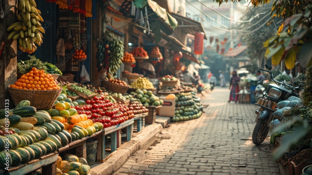 Fototapeta premium Vibrant Asian market street scene with colorful fruits and vegetables displayed on stalls.