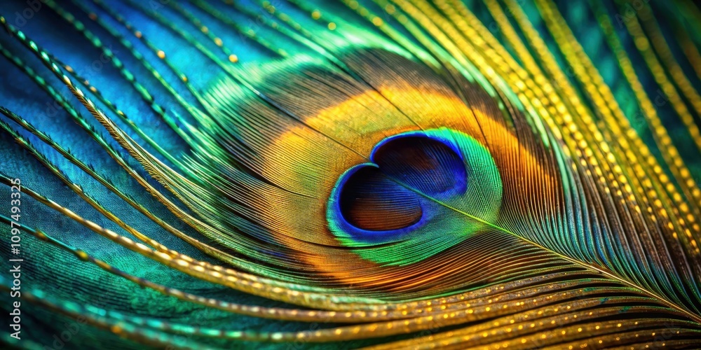 Obraz premium A vibrant close-up showcasing the intricate details of a single peacock feather, revealing its iridescent colors and elegant structure.