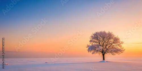 Serene Winter Sunrise A solitary snow-covered tree stands in a vast, peaceful landscape bathed in the warm glow of the rising sun.