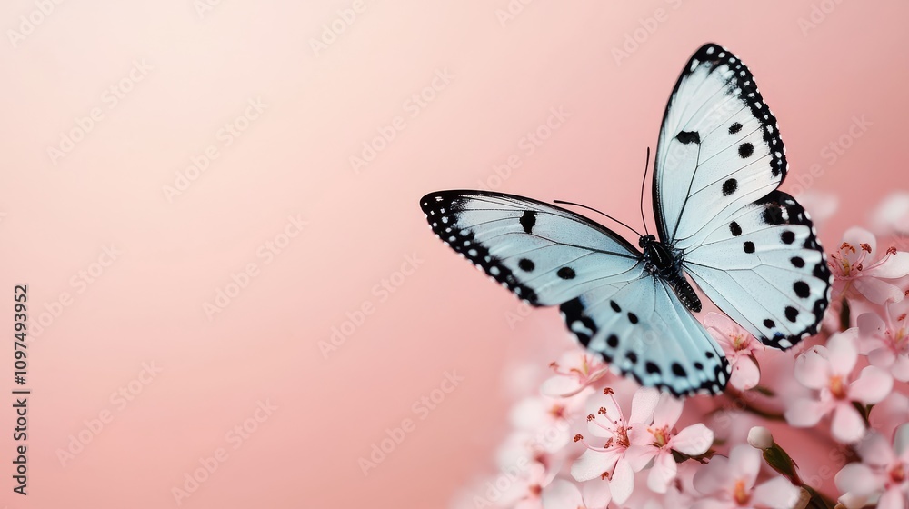 Obraz premium Graceful butterfly resting on delicate flower petals serene garden nature soft pastel background close-up beauty of nature