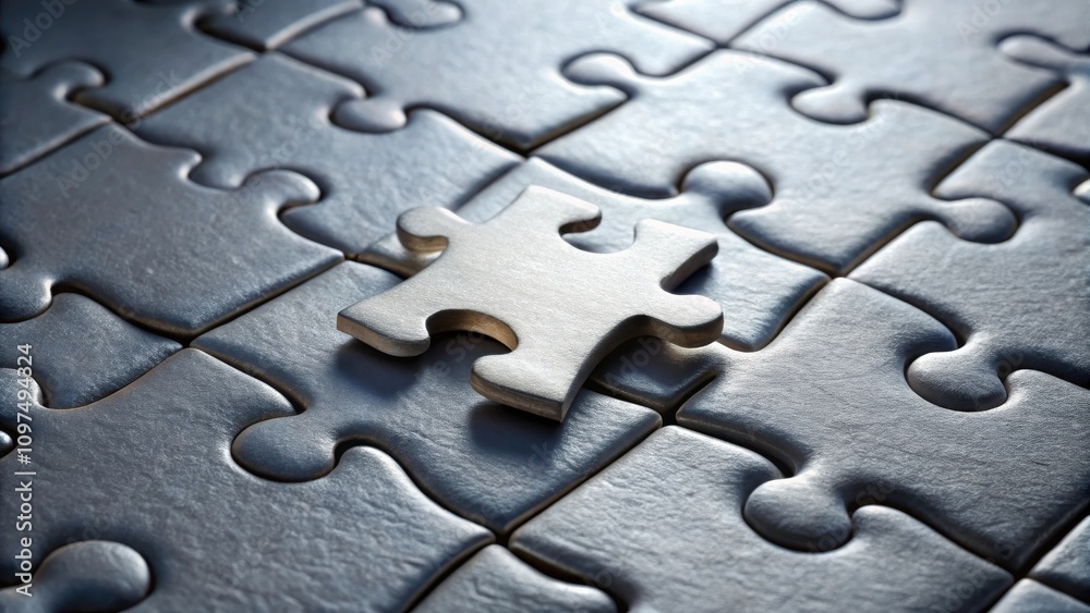 A single metallic puzzle piece rests atop a nearly complete jigsaw puzzle, representing the final solution or missing element A single metallic puzzle piece rests atop a nearly complete jigsaw puzzle, representing the final solution or missing element