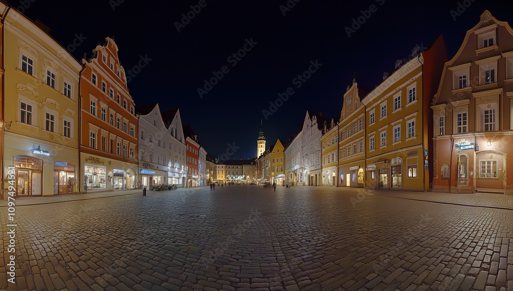 Fototapeta premium Night view of a cobblestone town square with colorful historic buildings.