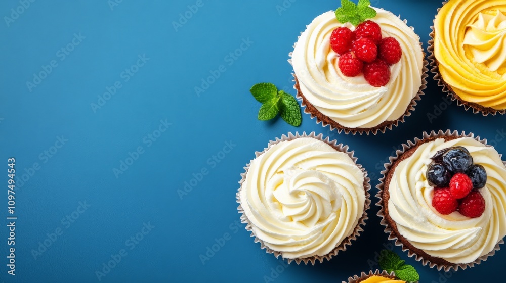 Delicious Cupcakes on Blue Background Delicious Cupcakes on Blue Background