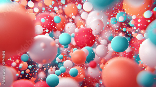 A vibrant abstract composition featuring colorful spheres in shades of red, turquoise, and white, creating a visually dynamic and engaging scene.