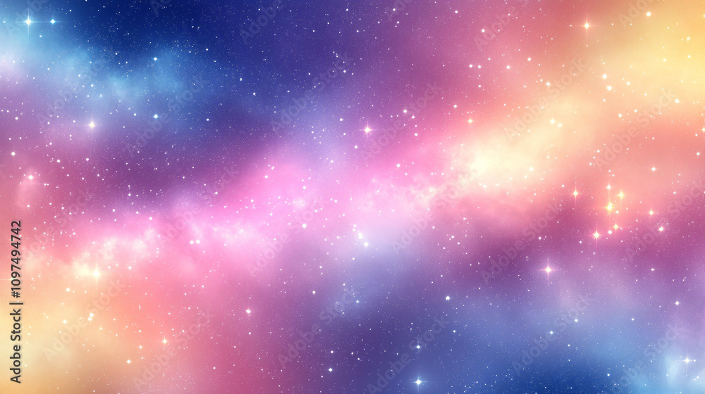 Fototapeta premium Dreamlike cosmic scene featuring pastel colors and sparkling stars, perfect for designs related to space, serenity, or as a dreamy backdrop for events.