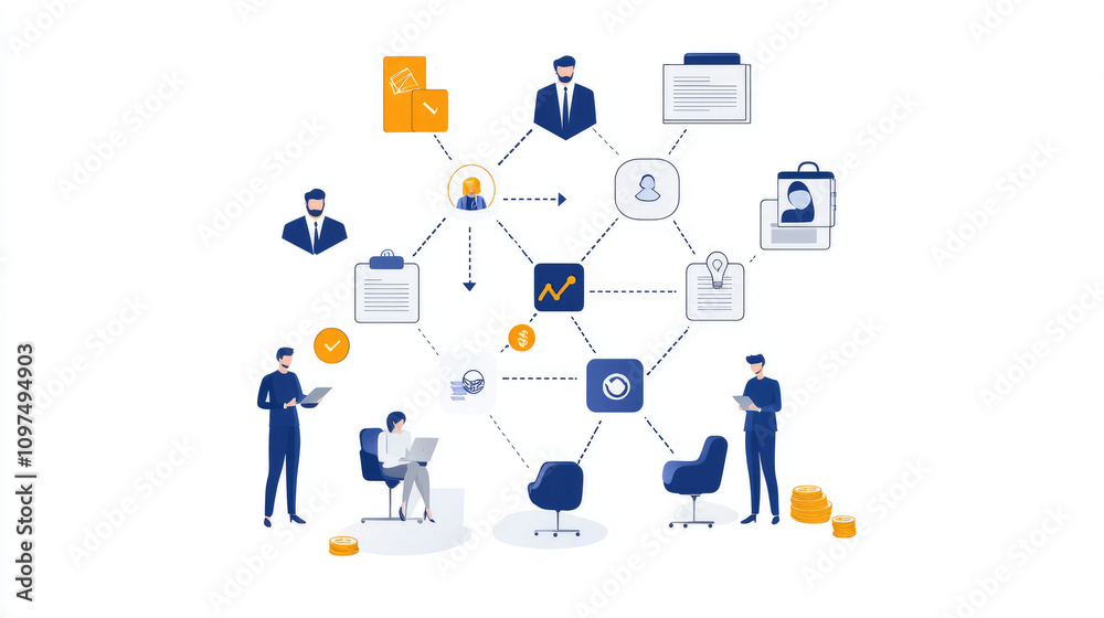 A graphic illustrating a network of business professionals interacting with data and charts, emphasizing collaboration and information flow. A graphic illustrating a network of business professionals interacting with data and charts, emphasizing collaboration and information flow.
