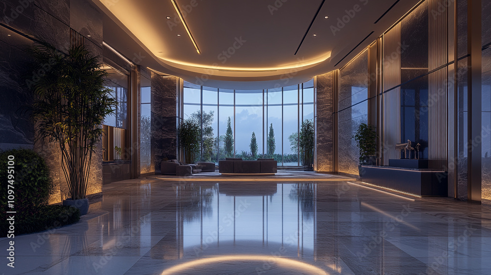 Fototapeta premium Modern lobby design with natural light and elegant decor in a luxury building