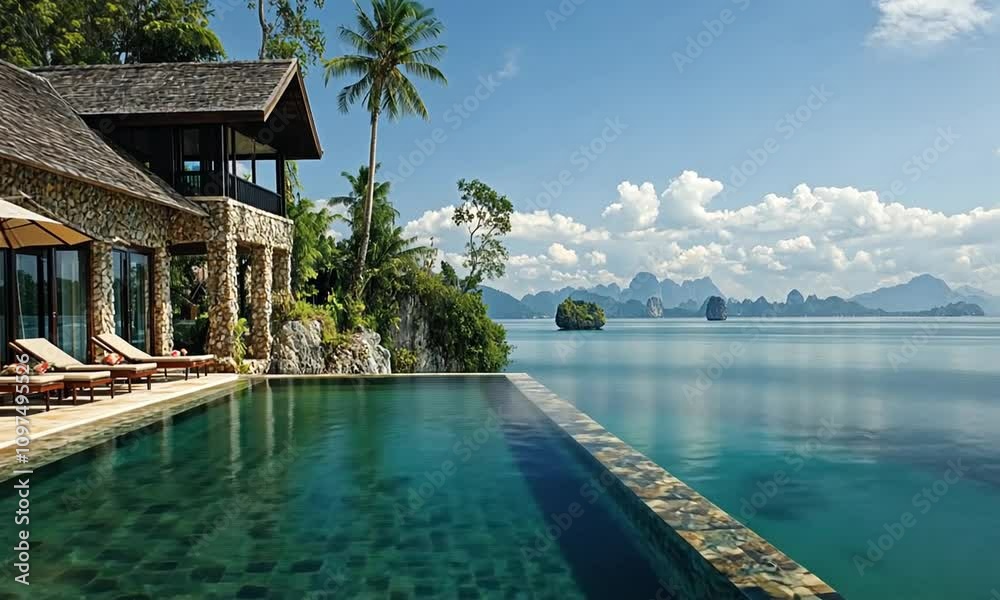 A serene villa with an infinity pool overlooking a tranquil sea and lush mountains. A serene villa with an infinity pool overlooking a tranquil sea and lush mountains.