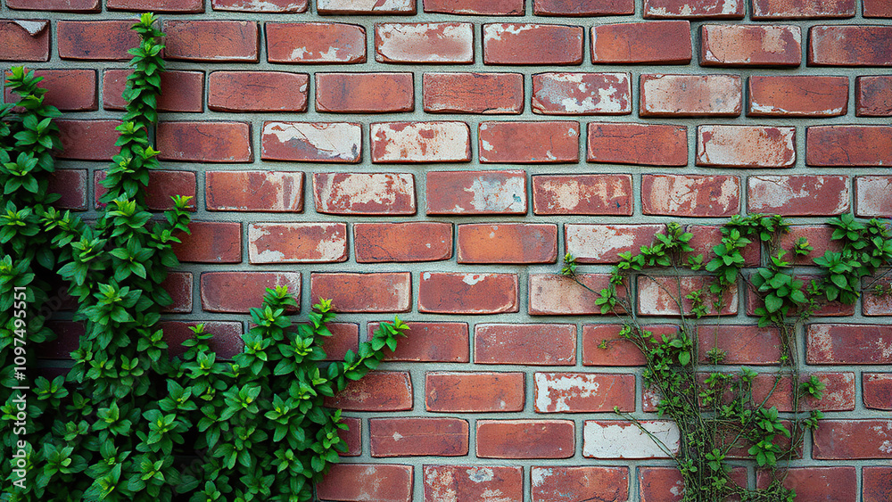 Close-up of a red brick wall with cracks and faded paint, surrounded by lush greenery , greenery, foliage Close-up of a red brick wall with cracks and faded paint, surrounded by lush greenery , greenery, foliage