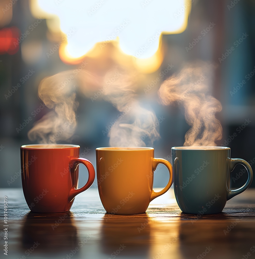 Three different-colored mugs sit on a wooden counter, steam rising from them. The background is blurred, creating a bokeh effect and shallow depth of field Three different-colored mugs sit on a wooden counter, steam rising from them. The background is blurred, creating a bokeh effect and shallow depth of field