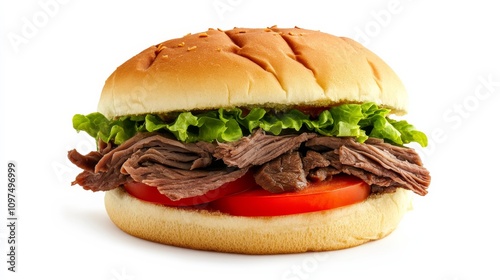 A perfectly assembled roast beef sandwich with a soft bun, tender roast beef slices, fresh lettuce
