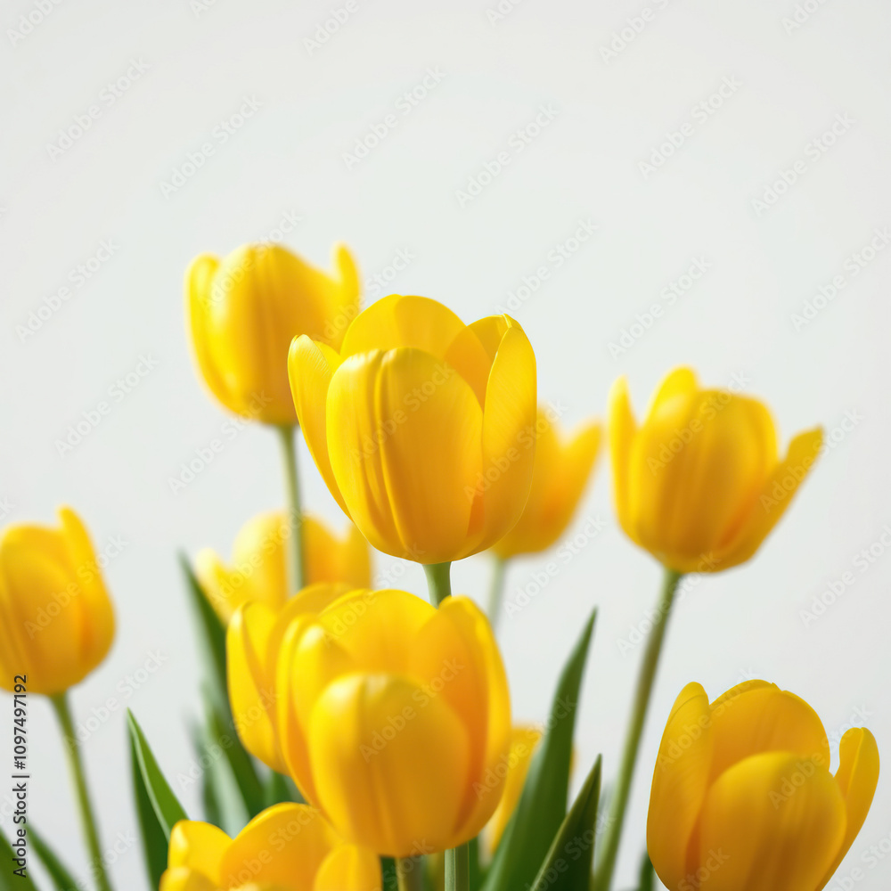 Close-up of vibrant yellow tulip flowers on clean white background, freshness, bright, composition, beauty Close-up of vibrant yellow tulip flowers on clean white background, freshness, bright, composition, beauty