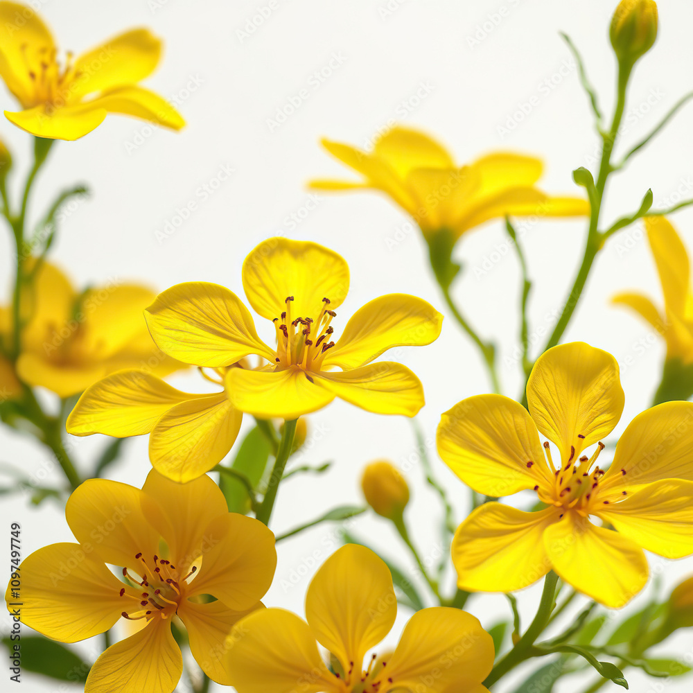Close-up of yellow flowers with green leaves on white background, watercolor, artistic, foliage, bright Close-up of yellow flowers with green leaves on white background, watercolor, artistic, foliage, bright