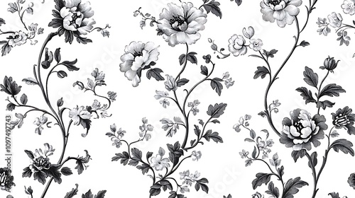 Elegant Monochrome Floral Pattern: A Hand-Drawn Botanical Illustration AI Generated