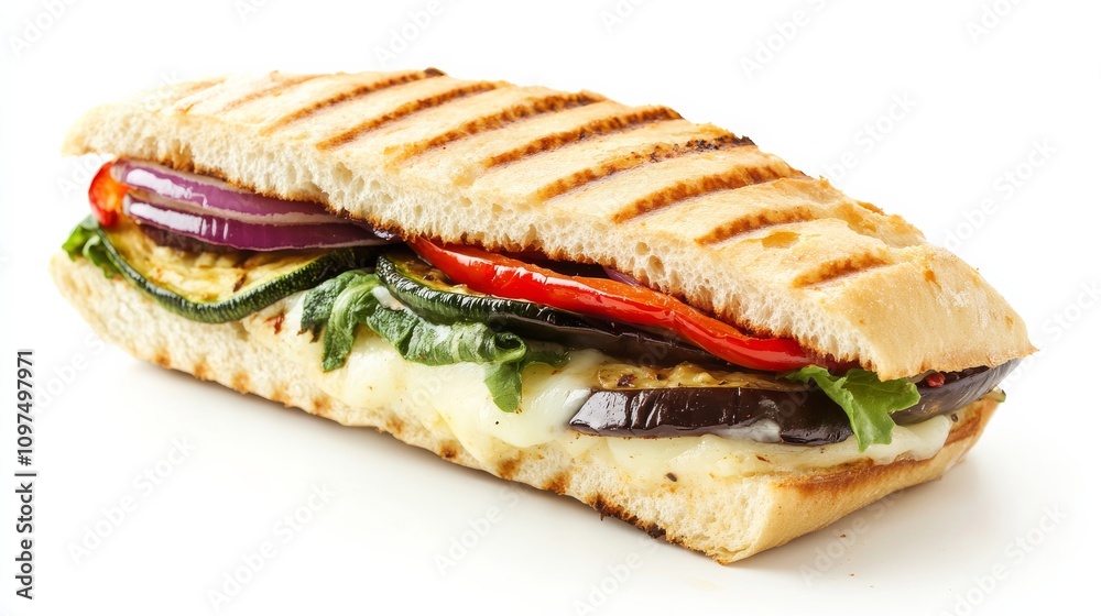 A perfectly assembled roast vegetable panini with roasted bell peppers, eggplant, zucchini A perfectly assembled roast vegetable panini with roasted bell peppers, eggplant, zucchini