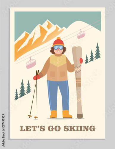 Colorful cartoon character skier smiling woman. Winter travel card, mountains on background. Ski resort retro vintage design poster with text "Let's go skiing"